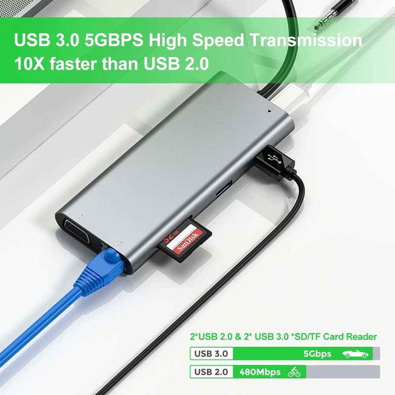 11 پورت 11 در 1 USB Type C Hub 10Gbps USB C Docking Station Plug And Play ادغام نرم افزار