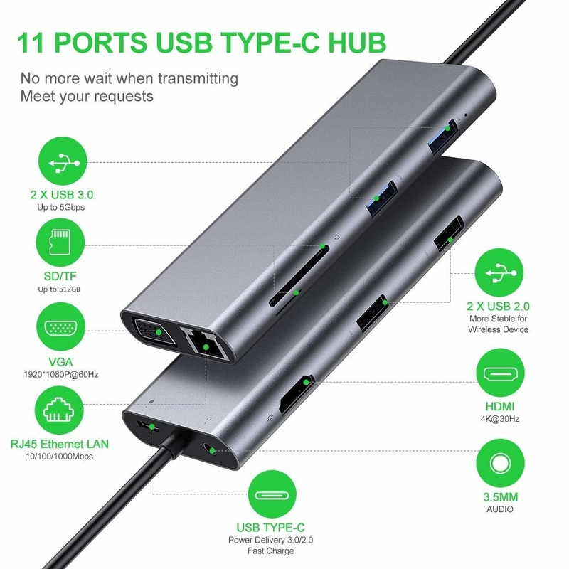 11 پورت 11 در 1 USB Type C Hub 10Gbps USB C Docking Station Plug And Play ادغام نرم افزار