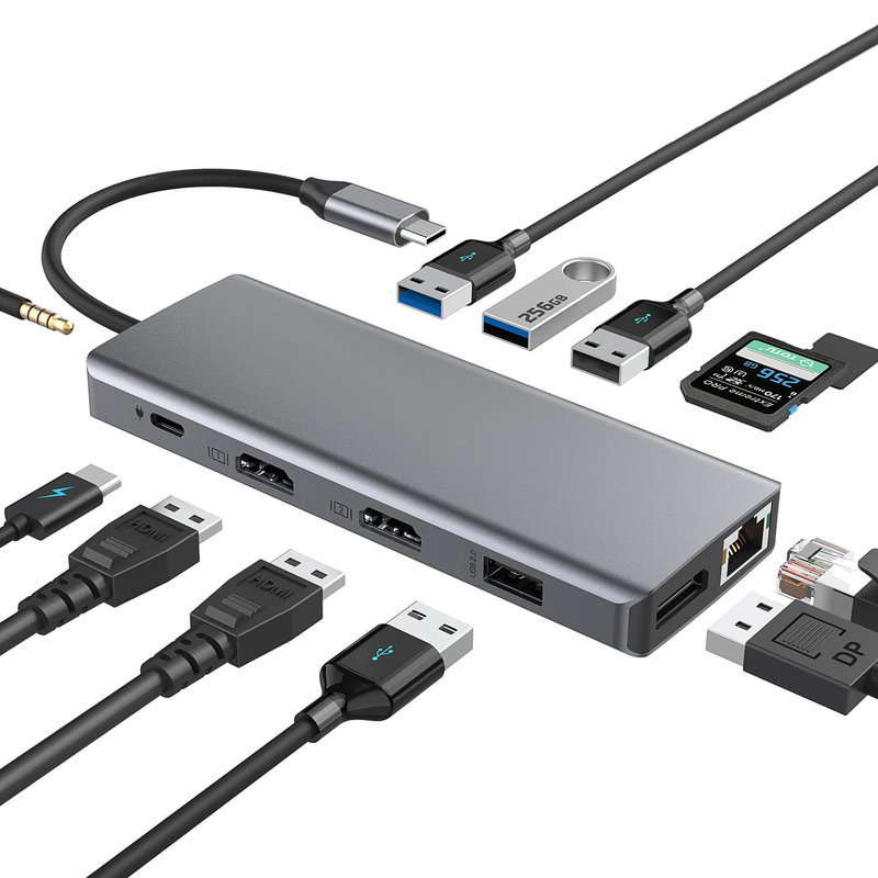 آداپتور چند پورت هاب USB C نقره ای همراه با جک آدیو 3.5 میلی متری HDMI برای مک بوک پرو