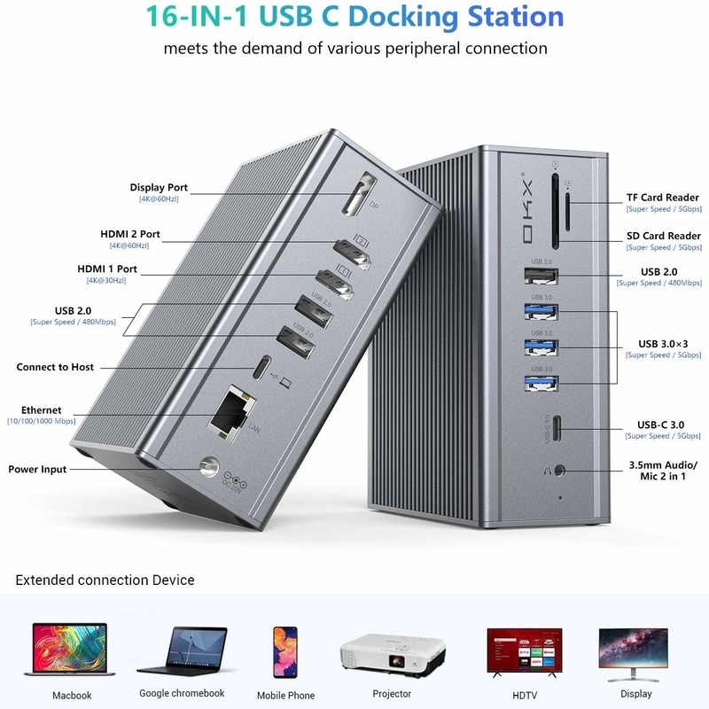 16 در 1 ایستگاه اتصال برای لپ تاپ usb c آداپتور خاکستری 10Gbps نرخ انتقال داده پورت صفحه نمایش