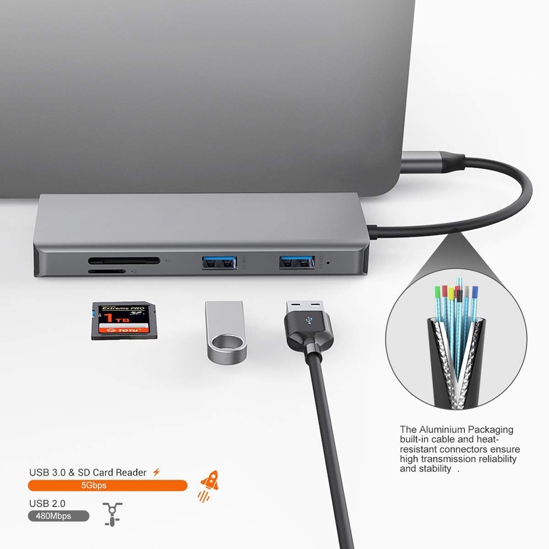 11 در 1 آلومینیوم نقره ای USB C Hub با 3.5mm Audio Jack SD Card Reader برای لپ تاپ مک