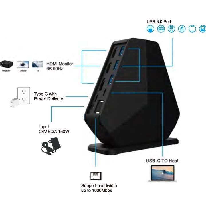 USB Type C Docking Station Adapter گیگابایت دوگانه HDMI Mst USB C هاب HDMI USB 30