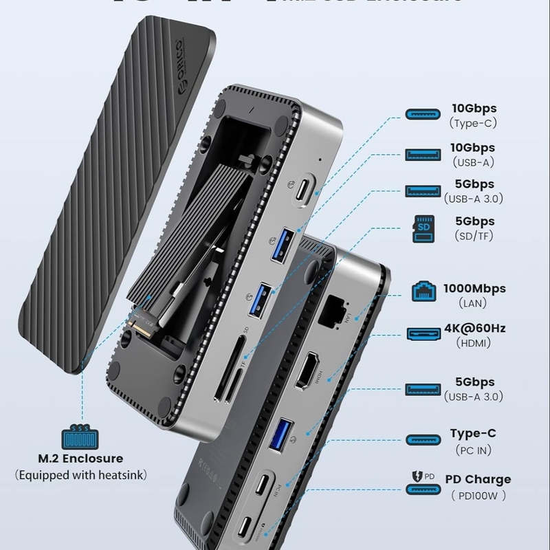 USB C Displaylink Docking Station با 10Gbps USB 3.2 Gen2 M.2 NVMe/SATA SSD Reader