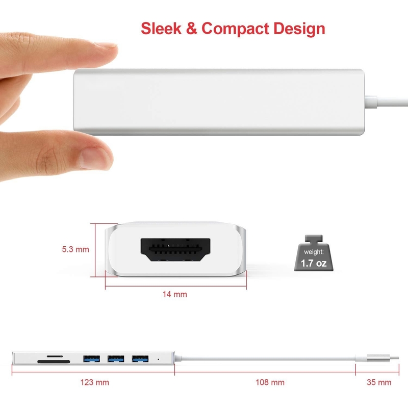 6 پورت USB-C هاب Splitter USB-C Expander قابل حمل USB Adapter Multiport Data Hub