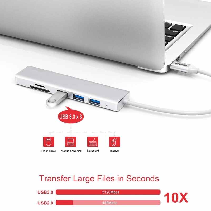 6 پورت USB-C هاب Splitter USB-C Expander قابل حمل USB Adapter Multiport Data Hub