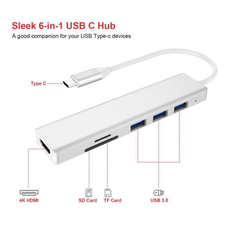 6 پورت USB-C هاب Splitter USB-C Expander قابل حمل USB Adapter Multiport Data Hub