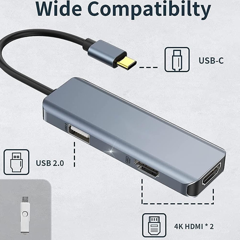 مانیتور دو HDMI USB C Dock Hub آلومینیومی USB C Adapter 3 در 1 Dongle با 4K HDMI