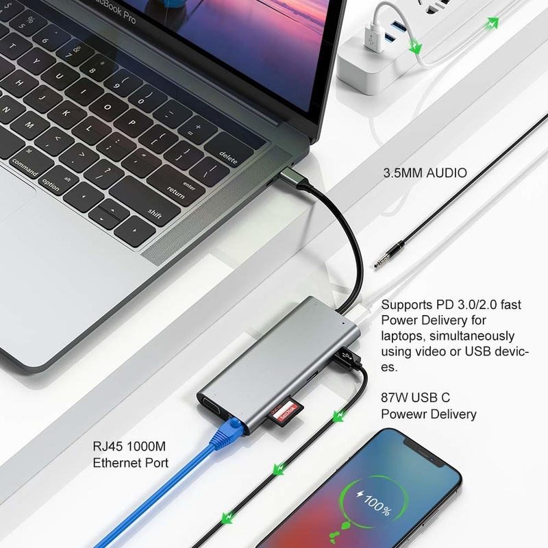 100 وات USB C Adapter قدرت 5 در 1 USB 3.0 Hub TYPE C HDMI 4K 30Hz 5Gbps 100W PD شارژ سریع