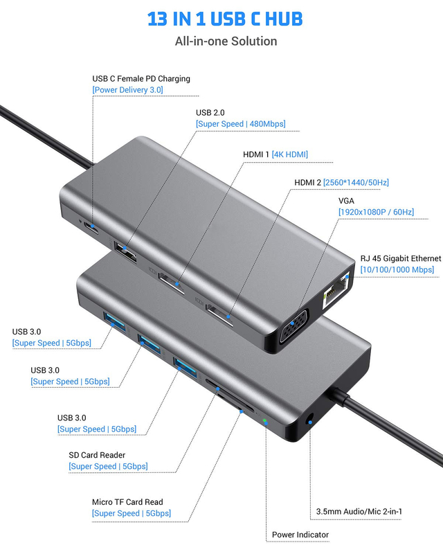 USB C 11 در 1 Multiport Dock Type C Triple USB 3.0 TF Card نوع لپ تاپ USB-C