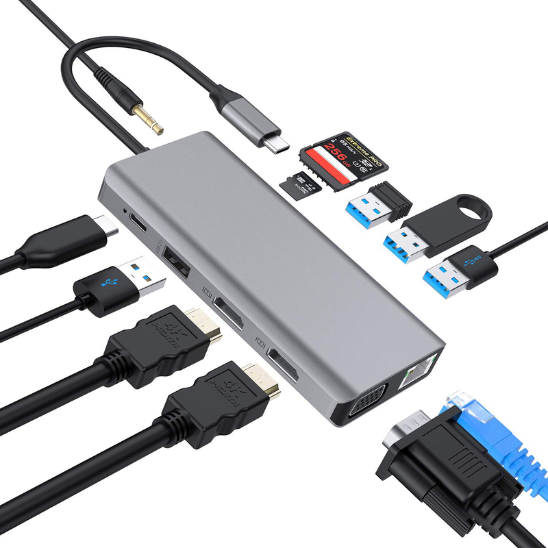 USB C 11 در 1 Multiport Dock Type C Triple USB 3.0 TF Card نوع لپ تاپ USB-C