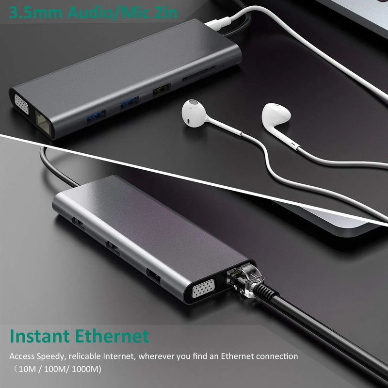 14 در 1 USB C Hub Docking Type C Hub USB Type C Hdmi 2 ایستگاه اتصال سه صفحه ای VGA 4K