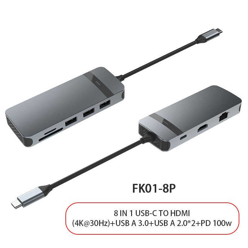 8 در 1 USB C Hub Adapter Dongle 4K HDMI VGA نوع C PD USB3.0 RJ45 اترنت SD / TF