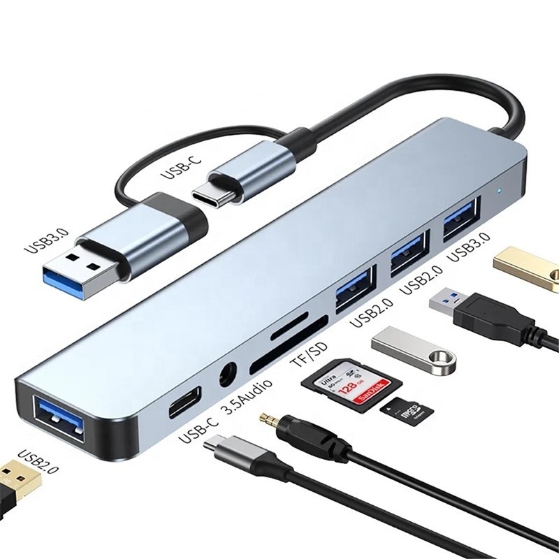 8-In-1 USB 3.0 Hub 3 * USB 2.0 3.5mm Audio SD / TF کارت خواننده خروجی برای انتقال داده و شارژ