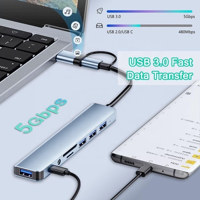 8-In-1 USB 3.0 Hub 3 * USB 2.0 3.5mm Audio SD / TF کارت خواننده خروجی برای انتقال داده و شارژ