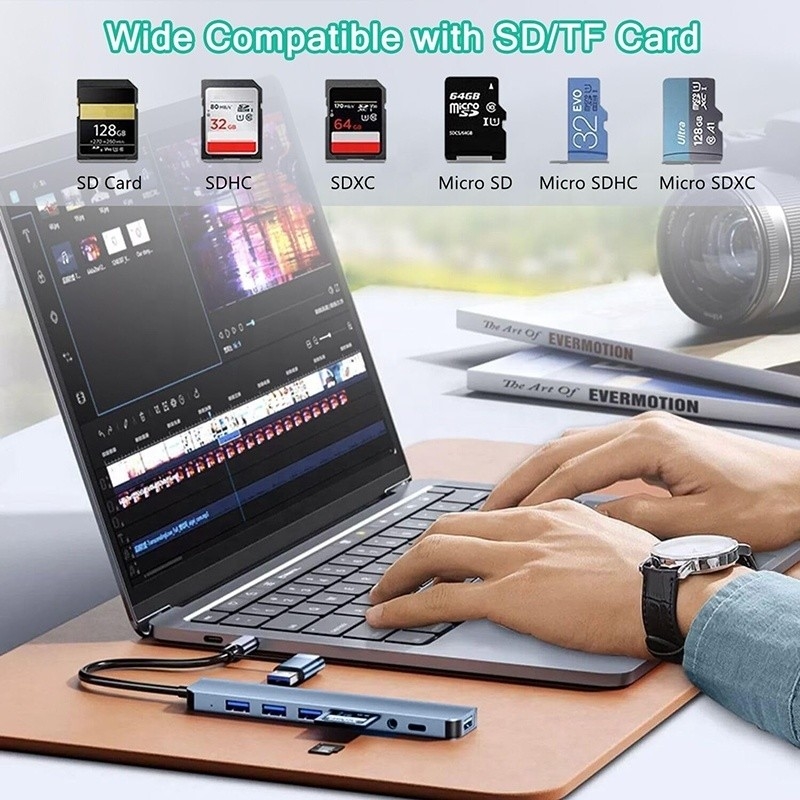 8-In-1 USB 3.0 Hub 3 * USB 2.0 3.5mm Audio SD / TF کارت خواننده خروجی برای انتقال داده و شارژ