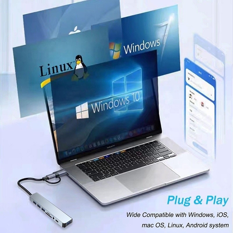 8-In-1 USB 3.0 Hub 3 * USB 2.0 3.5mm Audio SD / TF کارت خواننده خروجی برای انتقال داده و شارژ