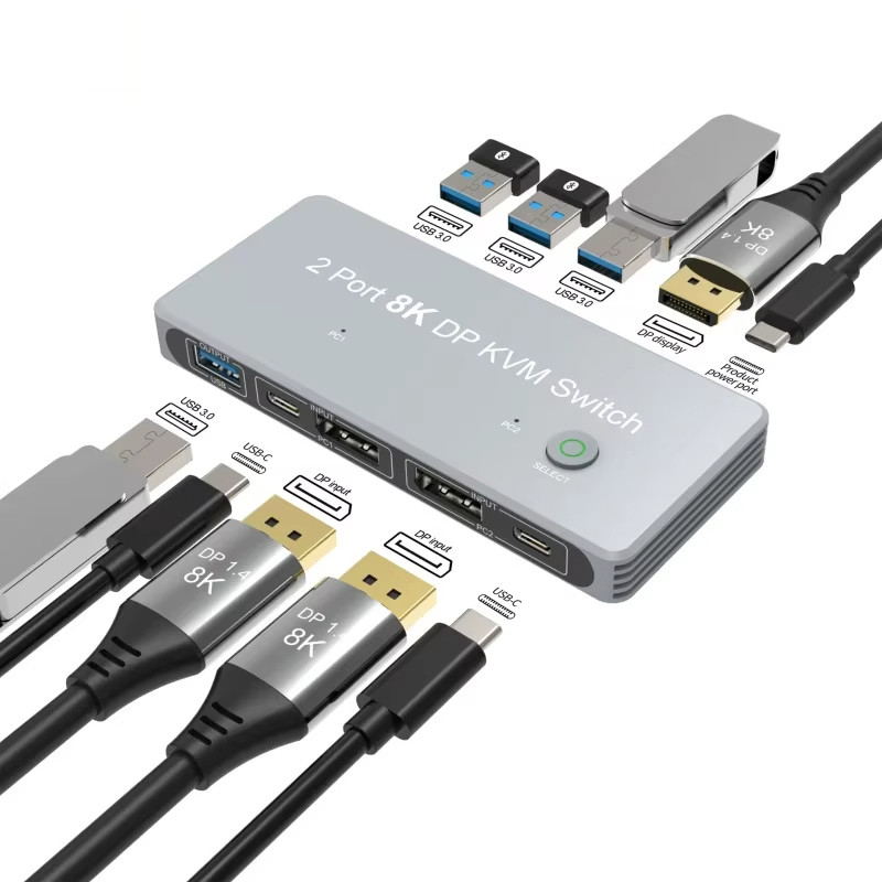 2-Port Displayport و USB KVM Switch 4K 144Hz 8K 60Hz 1.4 با رابط USB 1.4 DP
