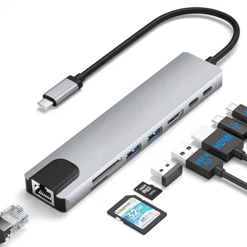 آداپتور چند پورت 8 در 1 USB Type C Hub برای چند وظیفه و انتقال داده