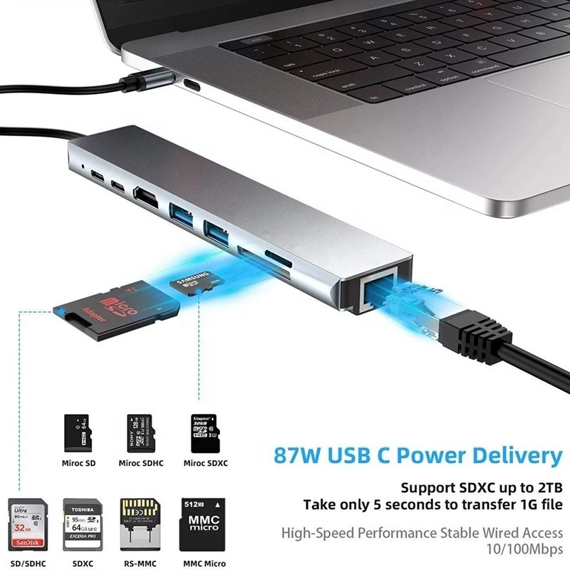 آداپتور چند پورت 8 در 1 USB Type C Hub برای چند وظیفه و انتقال داده