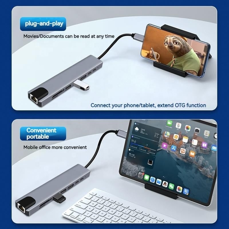 آداپتور چند پورت 8 در 1 USB Type C Hub برای چند وظیفه و انتقال داده