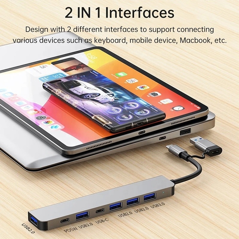 آلیاژ آلومینیوم 7 در 1 USB Splitter برای لپ تاپ کامپیوتر رومیزی قابل قبول OEM / ODM