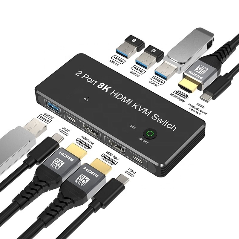 2 پورت HDMI 2.1 سوئیچ KVM با USB 3.0 2 ورودی 1 خروجی LED شاخص های زنانه-زنانه