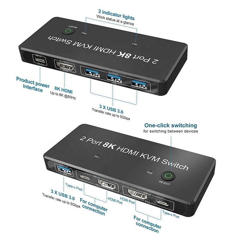 2 پورت HDMI 2.1 سوئیچ KVM با USB 3.0 2 ورودی 1 خروجی LED شاخص های زنانه-زنانه