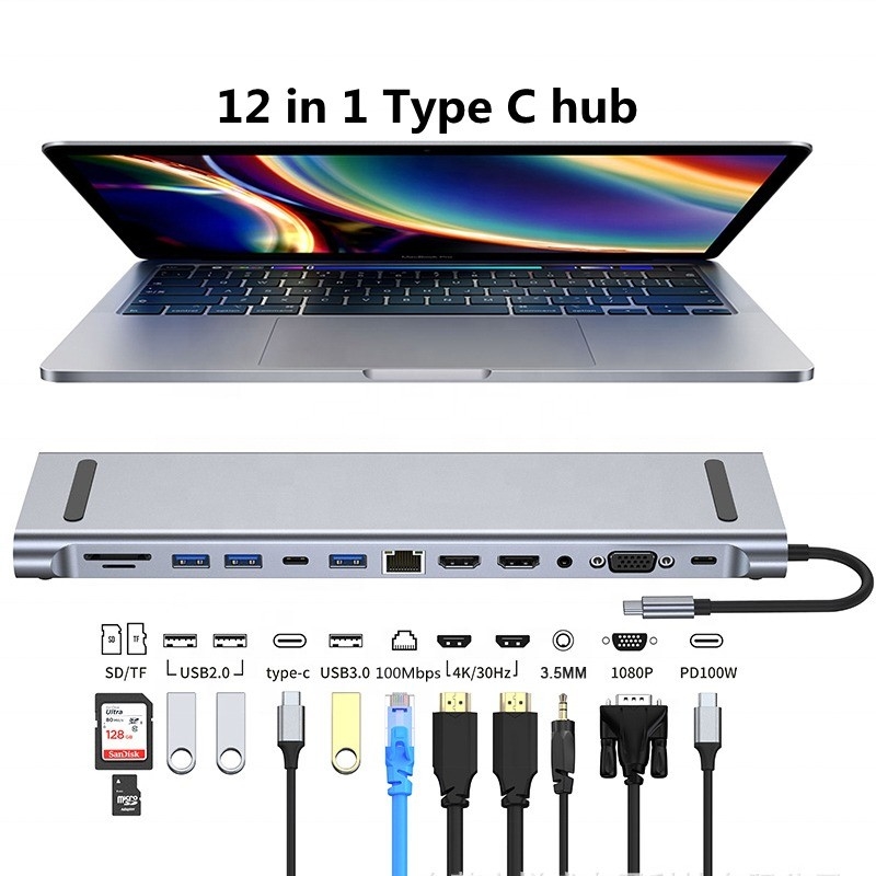 12 در 1 USB-C Type-C Docking Station برای انتقال داده های شارژ و عملکرد اسپیکر