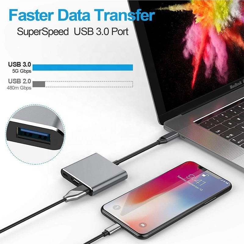3-in-1 USB C Type C Multi-function Hub به USB-C PD کابل مبدل آداپتور USB 3.0