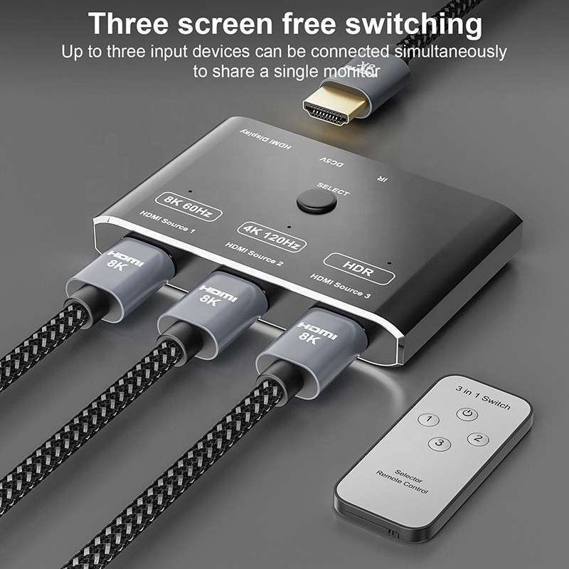 8K 120Hz HDR 3 پورت HDMI سوئیچ سوئیچ 3 در 1 خارج پلگ کنورتر از راه دور