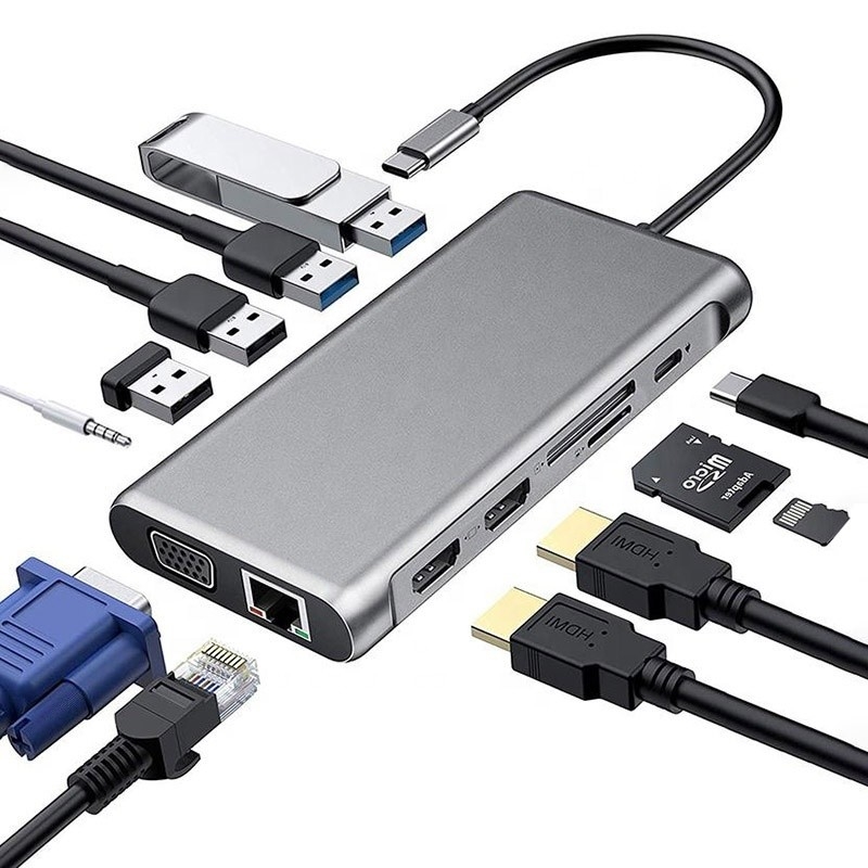 ایستگاه اتصال USB Type-C 12 در 1 HDMI 1080P 60Hz 2*HDMI VGA RJ45 4*USB Audio SD/TF PD