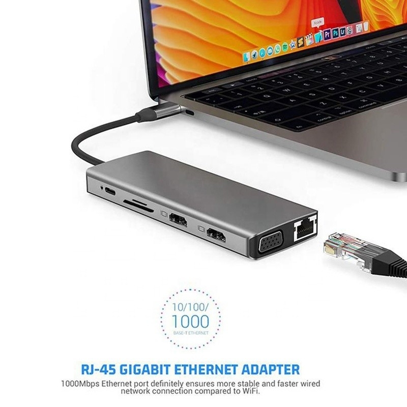 ایستگاه اتصال USB Type-C 12 در 1 HDMI 1080P 60Hz 2*HDMI VGA RJ45 4*USB Audio SD/TF PD