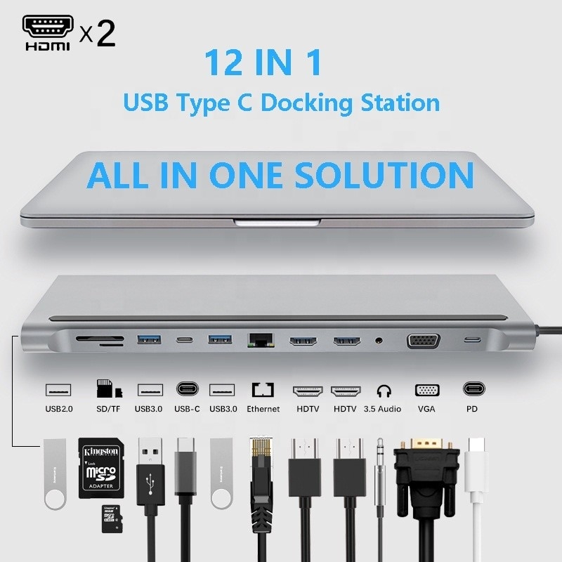 اتصال پیشرفته 12 در 1 USB C Type-C Hub Multiport Dock Station با دو HDMI