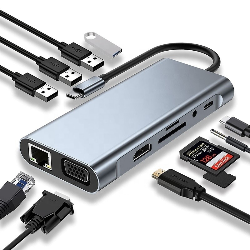 دوک هاب USB C چند منظوره با خواننده کارت SD TF Gigabit RJ45 Ethernet HDMI VGA USB 3.0