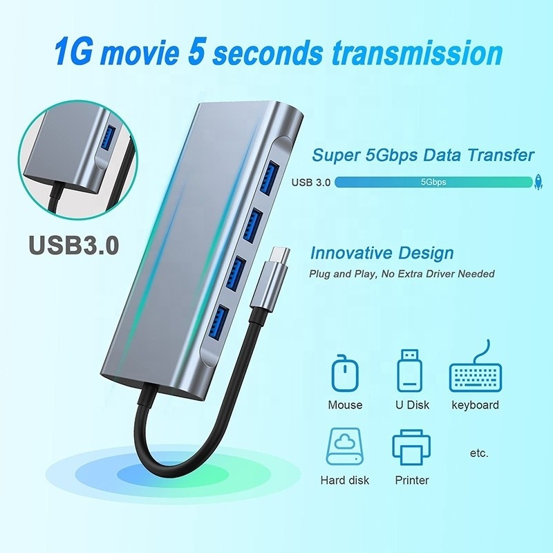دوک هاب USB C چند منظوره با خواننده کارت SD TF Gigabit RJ45 Ethernet HDMI VGA USB 3.0