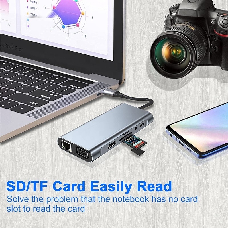 دوک هاب USB C چند منظوره با خواننده کارت SD TF Gigabit RJ45 Ethernet HDMI VGA USB 3.0