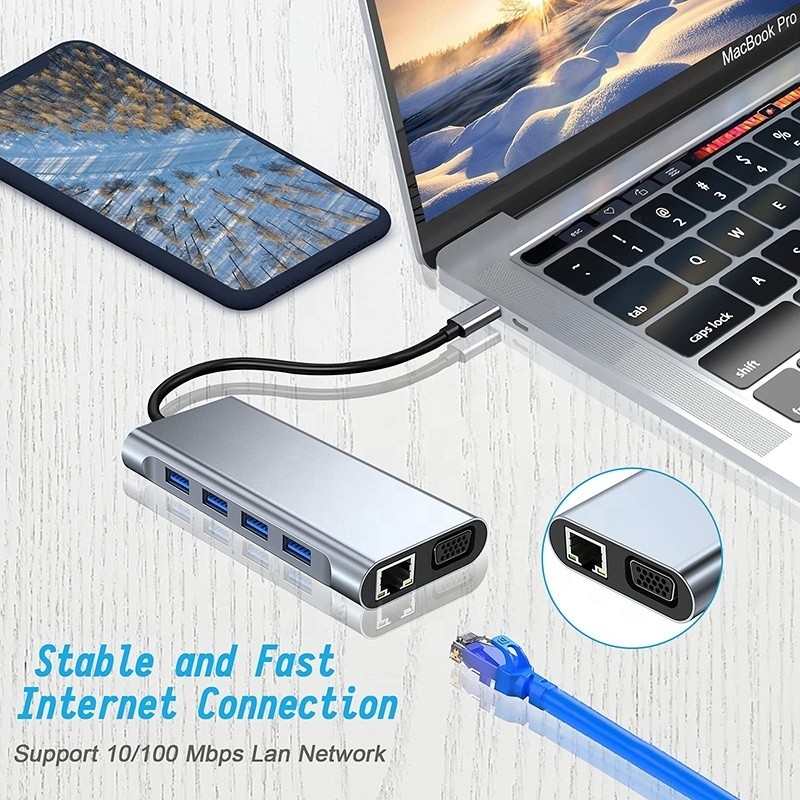 دوک هاب USB C چند منظوره با خواننده کارت SD TF Gigabit RJ45 Ethernet HDMI VGA USB 3.0