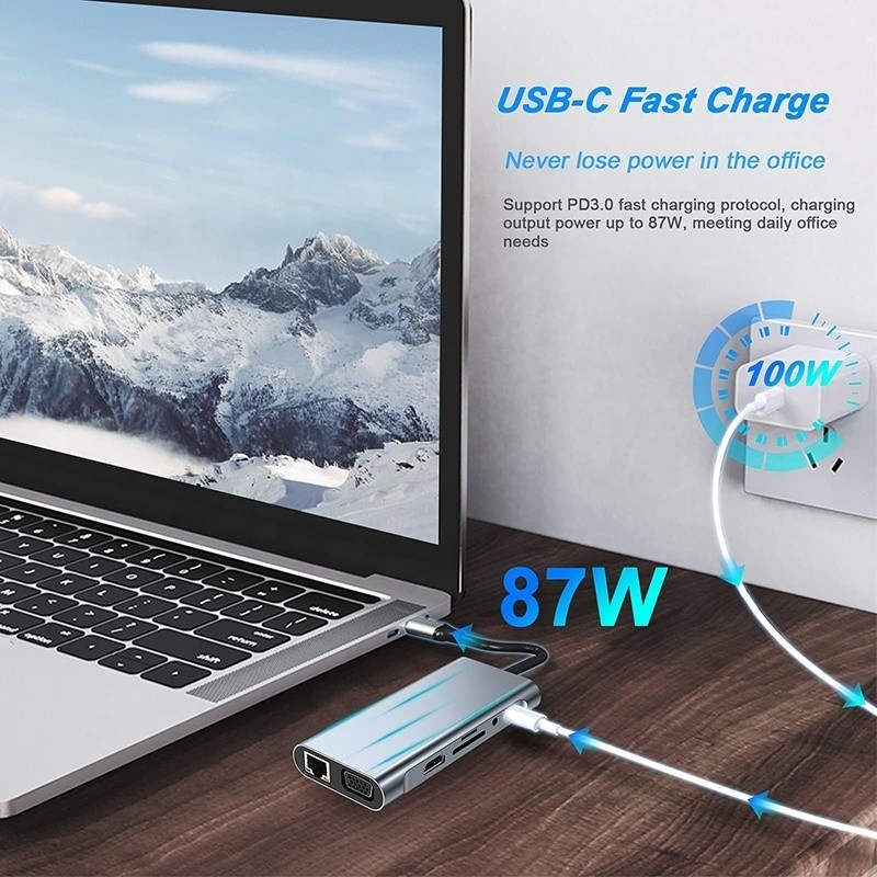 دوک هاب USB C چند منظوره با خواننده کارت SD TF Gigabit RJ45 Ethernet HDMI VGA USB 3.0
