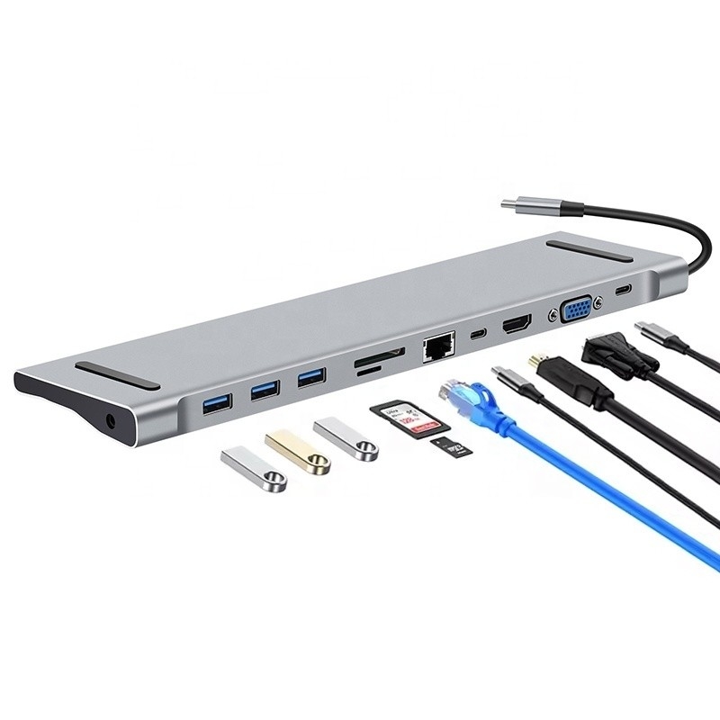 11 در 1 USB C Type C Docking Station با VGA Ethernet 3.5MM آدیو TF / SD کارت خوان