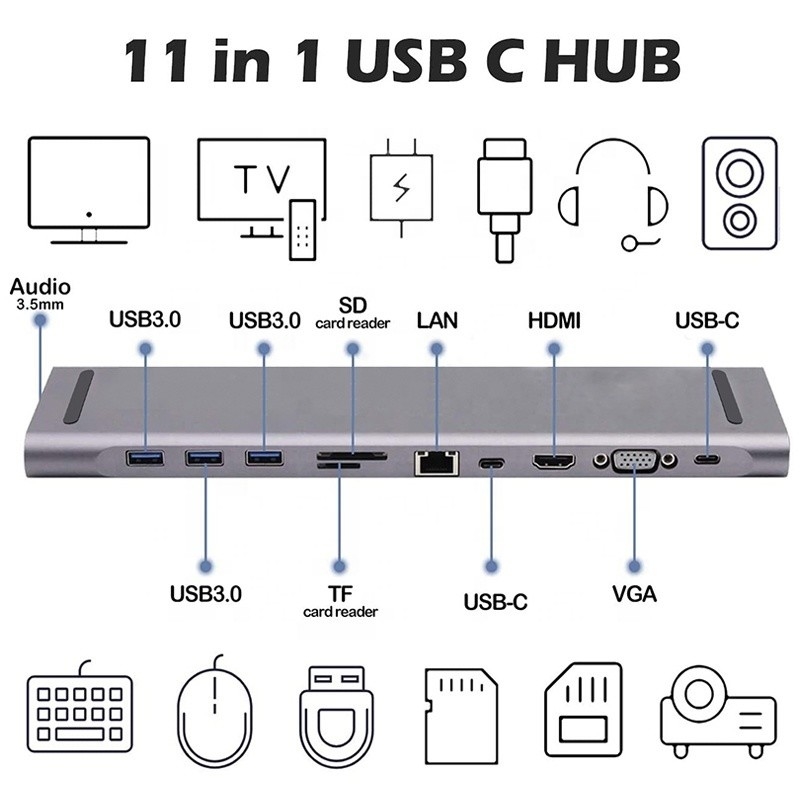 11 در 1 USB C Type C Docking Station با VGA Ethernet 3.5MM آدیو TF / SD کارت خوان