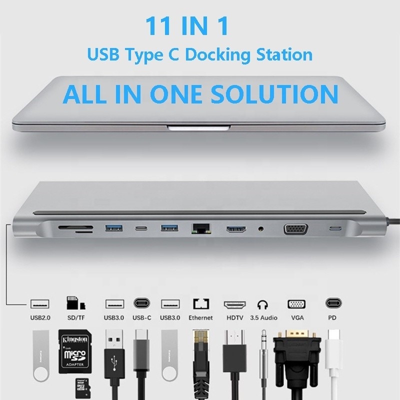 11 در 1 Multiport USB C USB-C Type-C PD 4K HDTV Hub Adapter Docking Station با RJ45