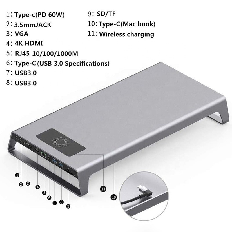 TYPE-C مرد 11 در 1 هاب کامپیوتر لپ تاپ آداپتور ایستگاه اتصال با 1000Mbps RJ45 و USB-C PD