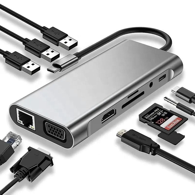 USB C Hub Type-C به USB 3.0 HDMI VGA RJ45 Lan SD TF Audio USB Grey Multiport Adapter