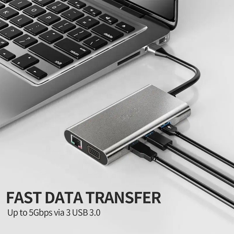 USB C Hub Type-C به USB 3.0 HDMI VGA RJ45 Lan SD TF Audio USB Grey Multiport Adapter