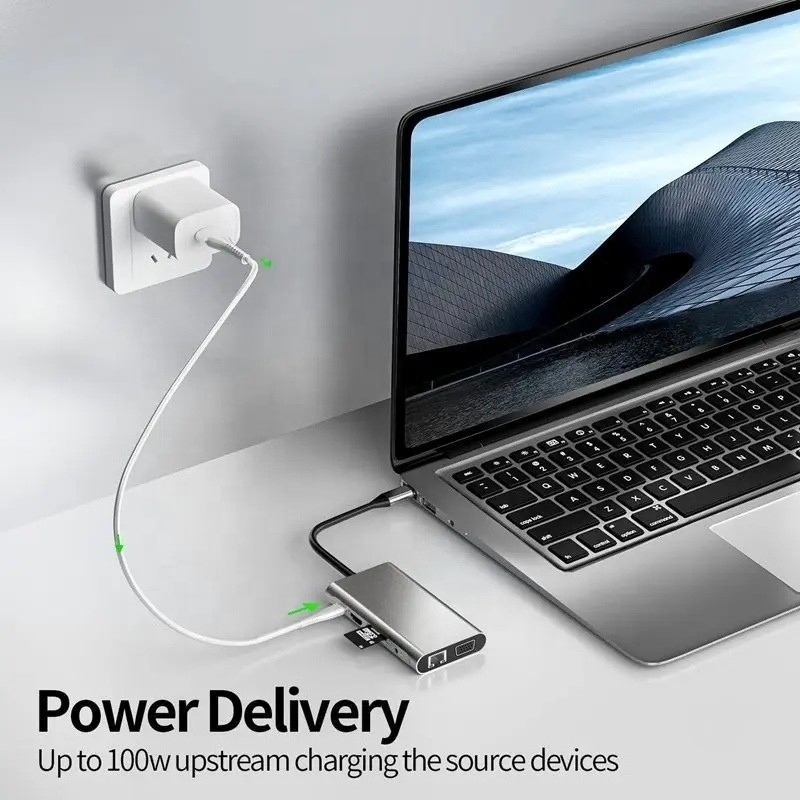 USB C Hub Type-C به USB 3.0 HDMI VGA RJ45 Lan SD TF Audio USB Grey Multiport Adapter