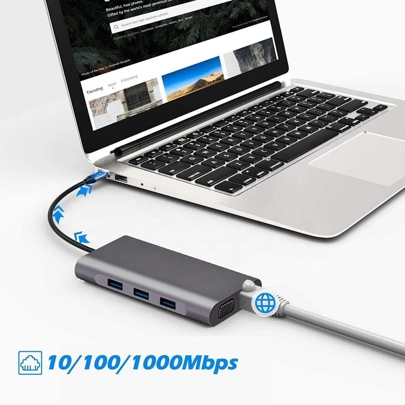 USB C Hub Type-C به USB 3.0 HDMI VGA RJ45 Lan SD TF Audio USB Grey Multiport Adapter