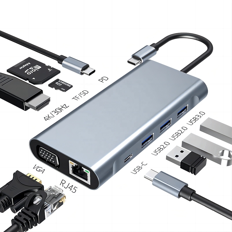 USB C Type C 10 در یک ایستگاه اتصال با 4K HDTV VGA Lan RJ45 USB3.0 Card Reader PD