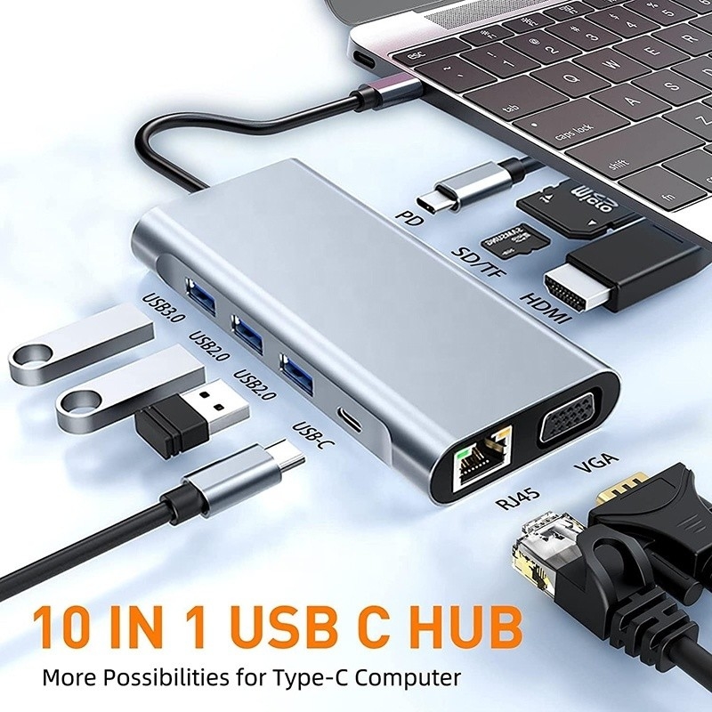 USB C Type C 10 در یک ایستگاه اتصال با 4K HDTV VGA Lan RJ45 USB3.0 Card Reader PD