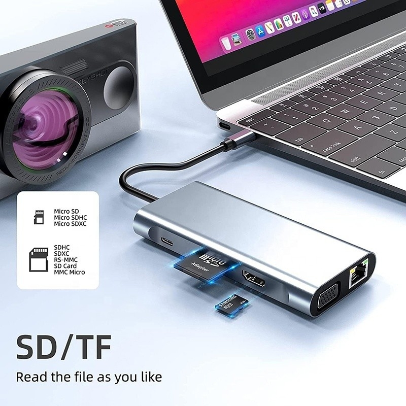 USB C Type C 10 در یک ایستگاه اتصال با 4K HDTV VGA Lan RJ45 USB3.0 Card Reader PD