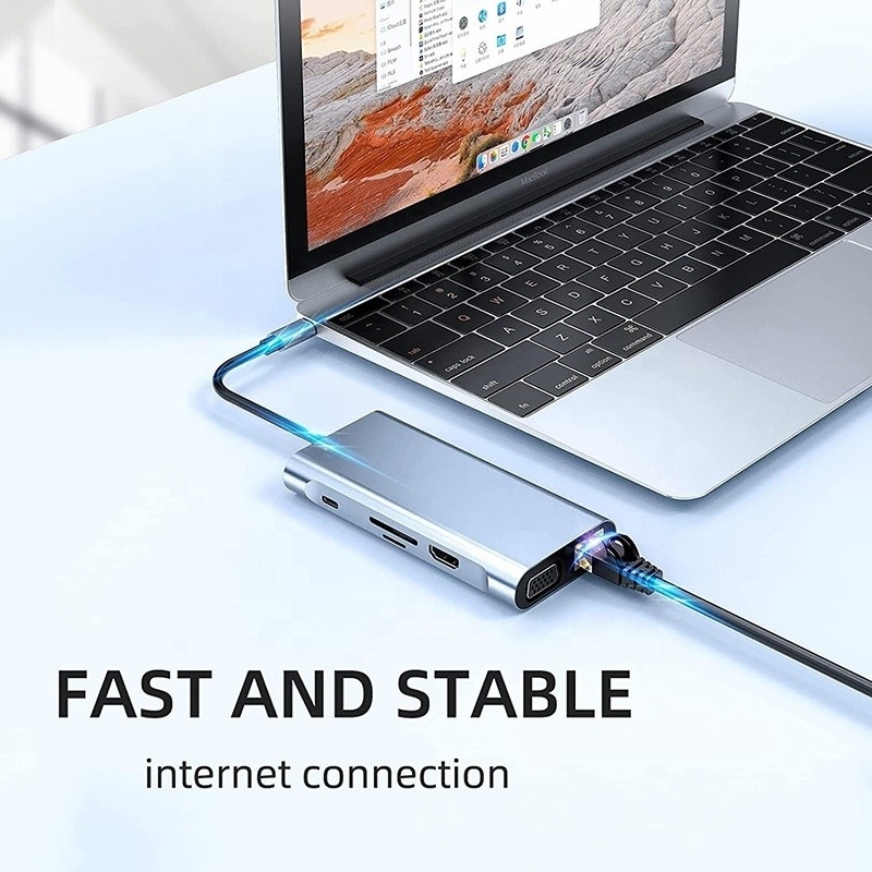 USB C Type C 10 در یک ایستگاه اتصال با 4K HDTV VGA Lan RJ45 USB3.0 Card Reader PD